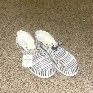 NEW Arizona Jean Co AZ Flipa Loafer SHOES Womens 10M Gray Stripe White Slip Ons